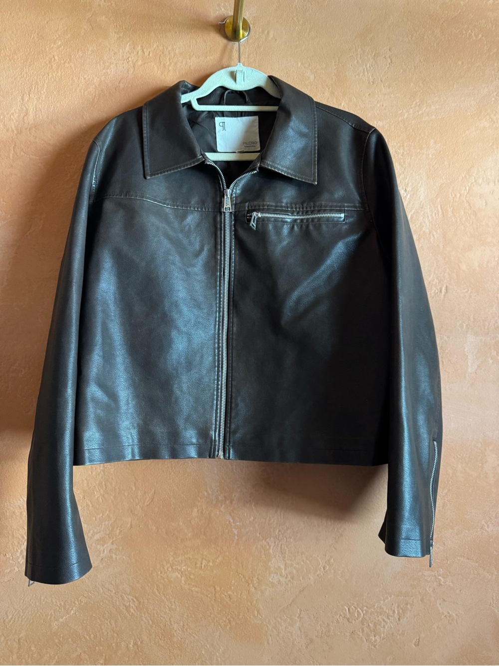 Pilcro Anthropologie Washed Faux Leather Cropped Moto Jacket Brown Size Large - Picture 2 of 11